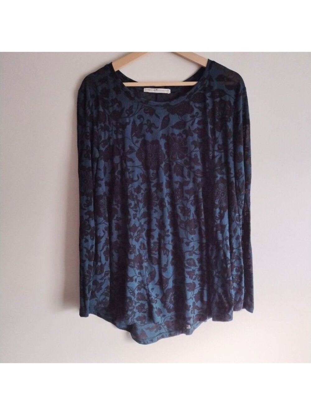 Peruvian Connection Burnout Swing Top XS/S Teal Relaxed Fit Floral Knit Blouse